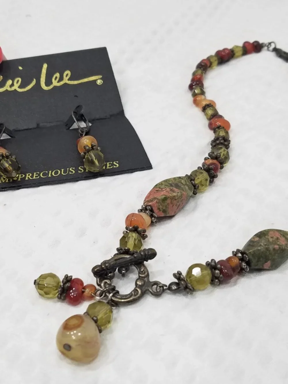 Vintage Cookie Lee Semi Precious Unakite Jasper Choker Necklace Earring Set NWT